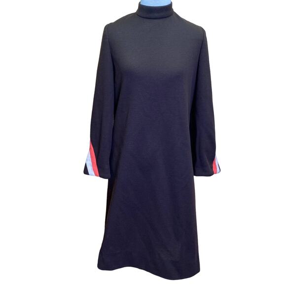 Vintage ILGWU Union Made Brown Polyester Mock Neck Chevron Shift Dress - Picture 1 of 11